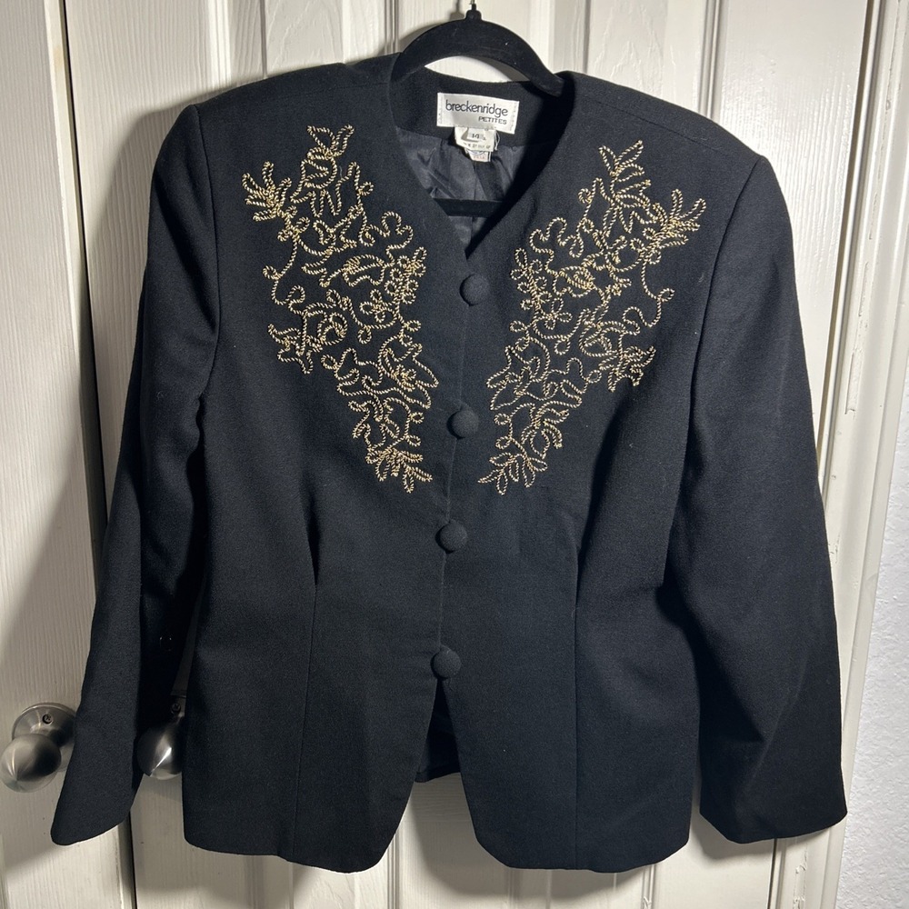Vintage‎ Breckenridge Black Gold Embroidered Wool Blazer Petites Retro Size 14